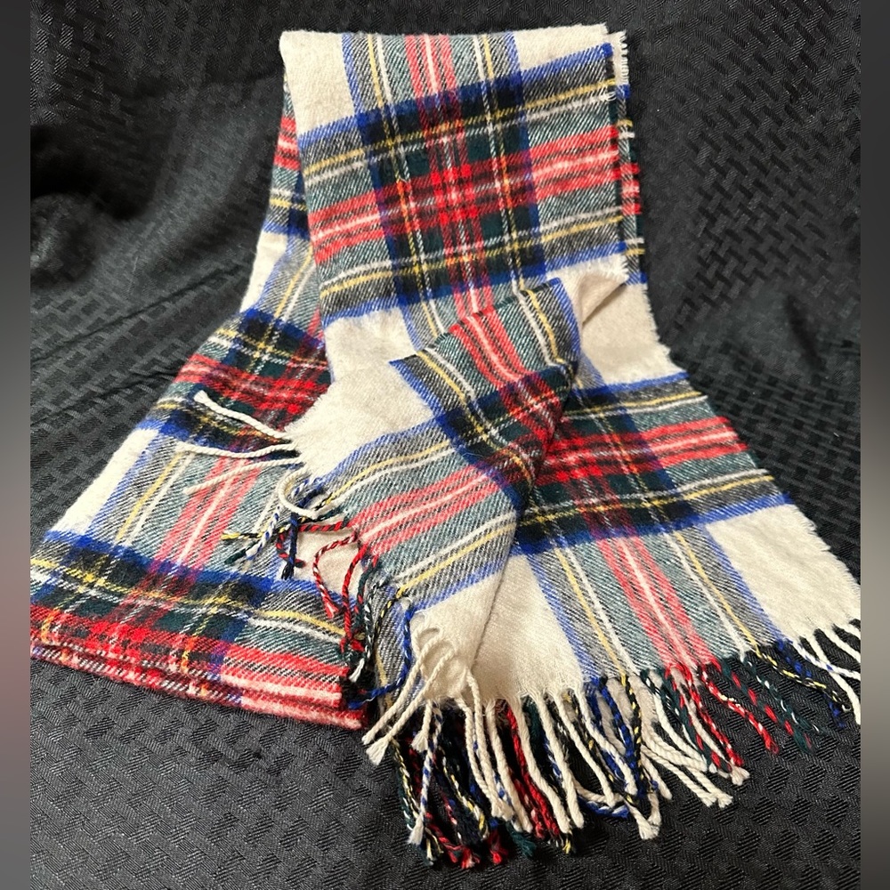 Marshall Fields Vintage 100% Lambs Wool Scarf Plaid Multi Colored